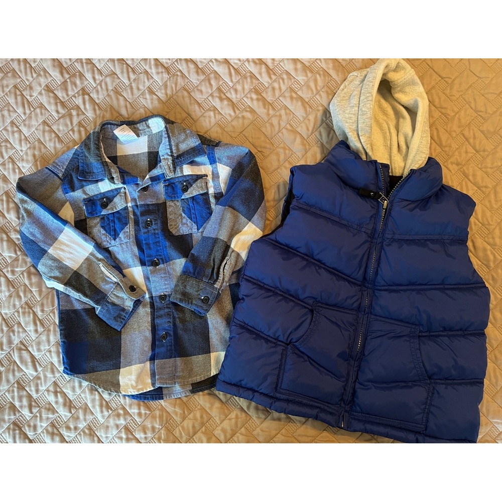 Gymboree Boys Blue Puffer Vest and Plaid Flannel Shirt Set XS 3-4